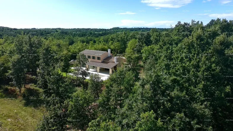 Luftaufnahme eines Hauses umgeben von dichtem Wald und grüner Landschaft unter blauem Himmel.