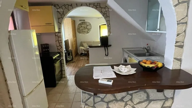 Blick von einem gefliesten Bereich in eine Küche mit Steinbogen und weiter in einen Wohnbereich.