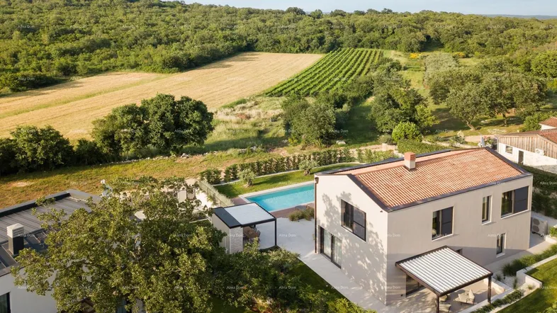 Luftaufnahme des modernen Hauses mit Pool, umgeben von grünen Hügeln und Weinbergen.