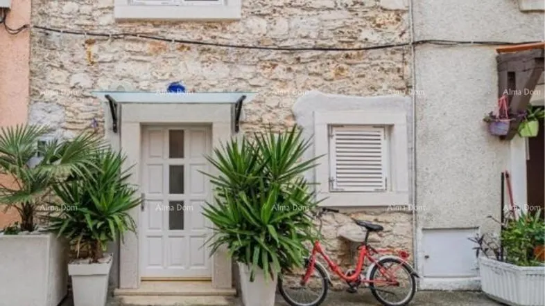 Traditionelle Steinfassade eines Hauses mit weißer Eingangstür, Fensterläden und dekorativen Pflanzen.
