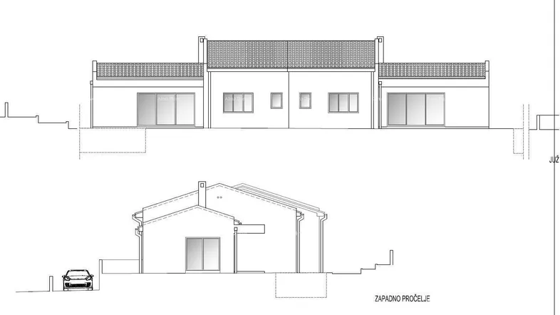 Architektonische Ansicht der Gebäudefassade mit großen Fenstern und Dachterrassen.