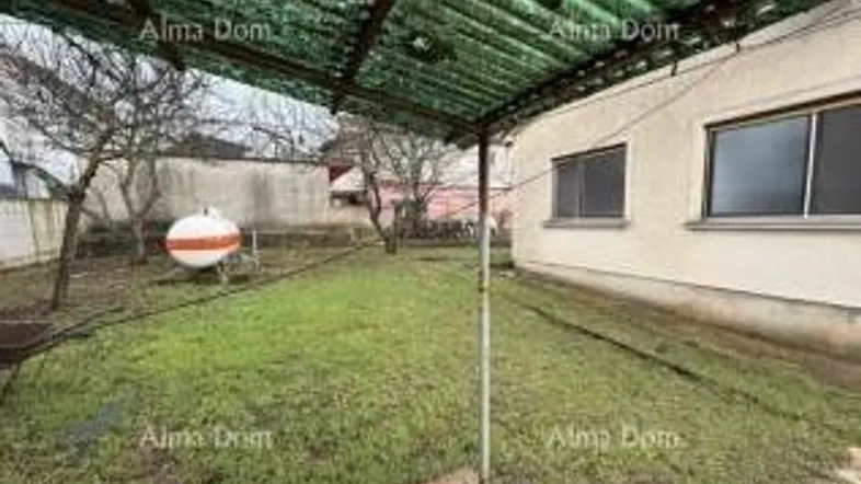 Gepflegter Gartenbereich mit Rasenfläche, überdachtem Sitzplatz und Gasbehälter neben dem Haus.
