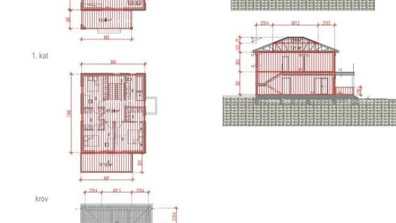 Grundrisse und Querschnitte eines Hauses mit Erdgeschoss, Obergeschoss, Dachplan und Terrassen.
