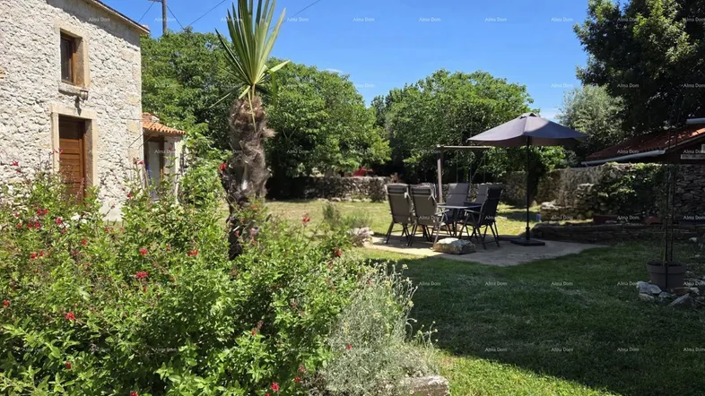 Grüner Gartenbereich mit Steinfassade des Hauses und einem schattigen Essbereich im Freien.
