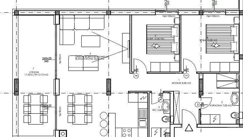 Grundriss einer Wohnung mit offenem Wohnbereich, zwei Schlafzimmern, Bad, WC und Loggia.