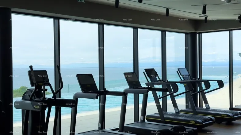 Modernes Fitnessstudio mit Meerblick und hochwertigen Trainingsgeräten für ein umfassendes Workout.