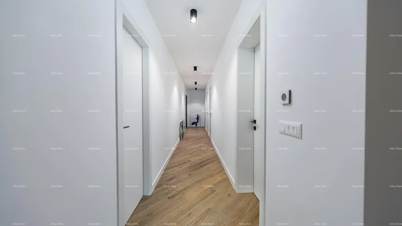 Moderner, heller Flur mit Holzboden und weißen Türen, der zu weiteren Räumen führt.