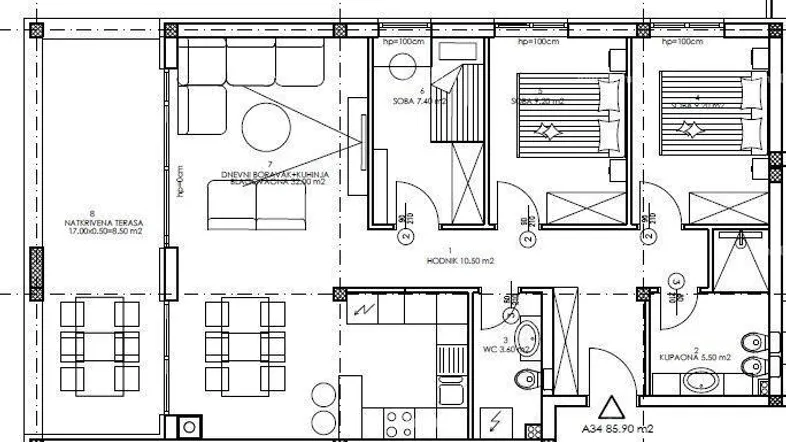 Grundriss einer Wohnung mit offenem Wohnbereich, drei Schlafzimmern, zwei Bädern und einer überdachten Terrasse.