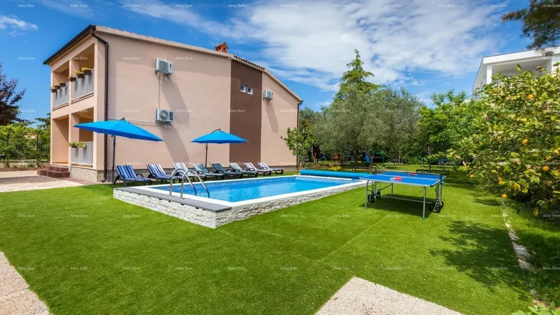 Großer Gartenbereich mit Swimmingpool, Liegestühlen, Sonnenschirmen und Tischtennisplatte für Freizeitaktivitäten.
