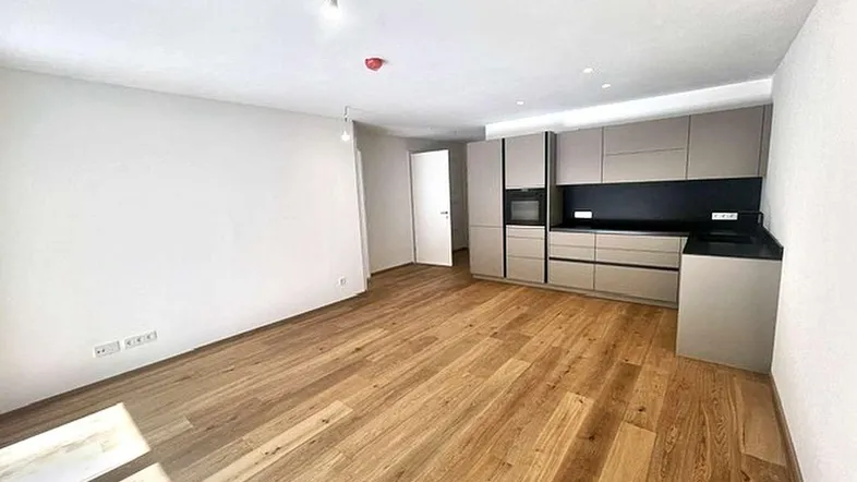 Heller offener Wohnbereich mit moderner Einbauküche und hochwertigem Holzfußboden.