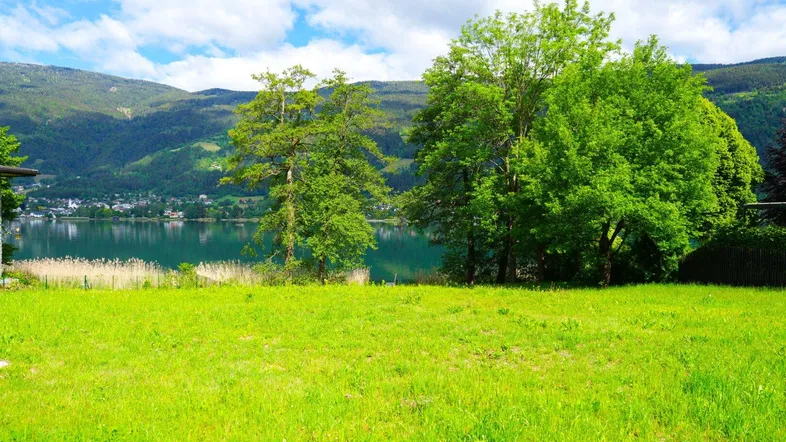 Weitläufige grüne Wiese mit Blick auf einen See und die umliegenden bewaldeten Berge.
