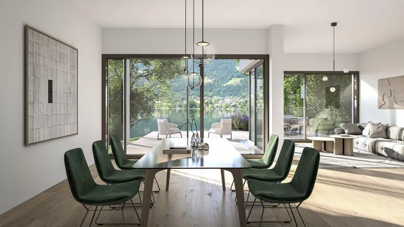 Moderner Wohn- und Essbereich mit Seeblick, großen Glasfronten und hellem Holzboden.