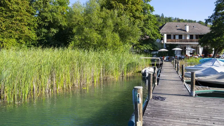 Holzsteg am Seeufer mit Schilf, Booten und einem Haus im Hintergrund unter blauem Himmel.
