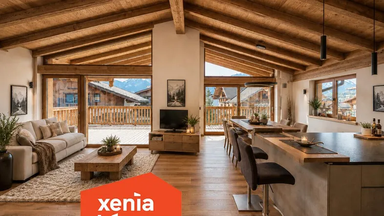 Geräumiger offener Wohn- und Essbereich mit Holzbalkendecke, moderner Küche und Panoramablick auf die Berge.