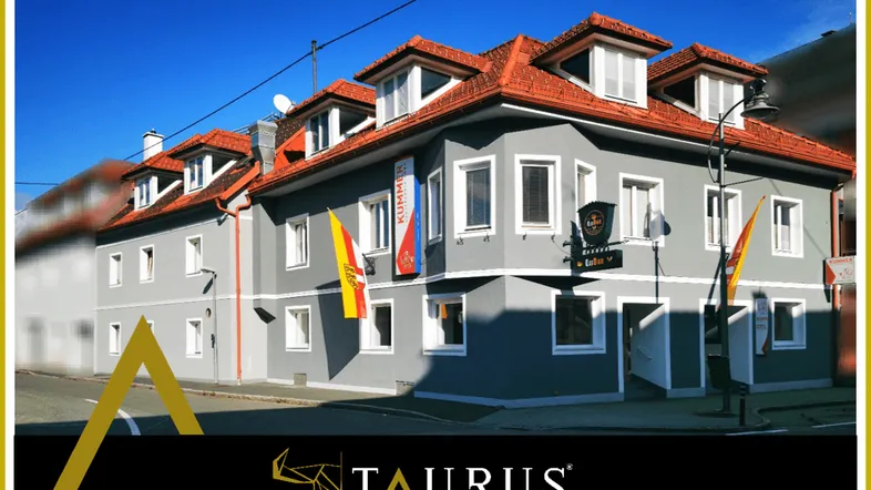 Graues Gebäude mit rotem Dach und mehreren Dachgauben an einem sonnigen Tag.