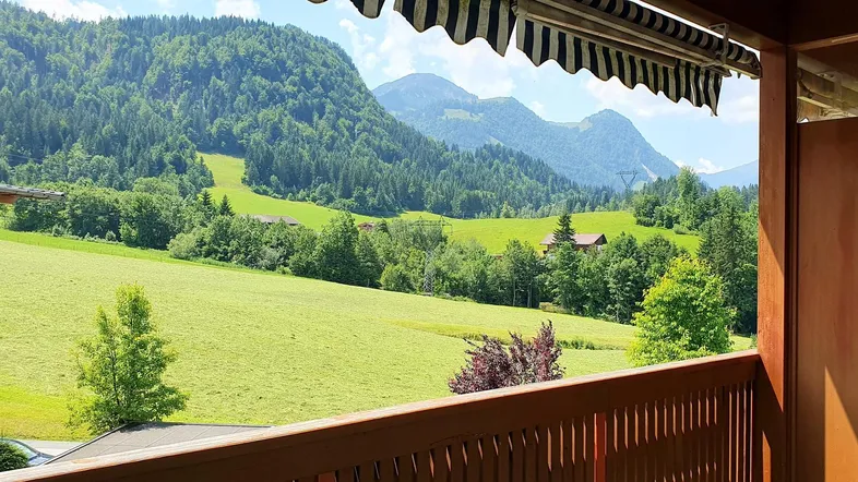 Blick vom Balkon auf die umliegende grüne Landschaft mit Wäldern und Bergen unter blauem Himmel.