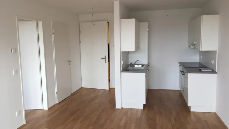 Heller Wohnbereich mit Parkettboden und integrierter Küchenzeile in einem modernen Apartment.