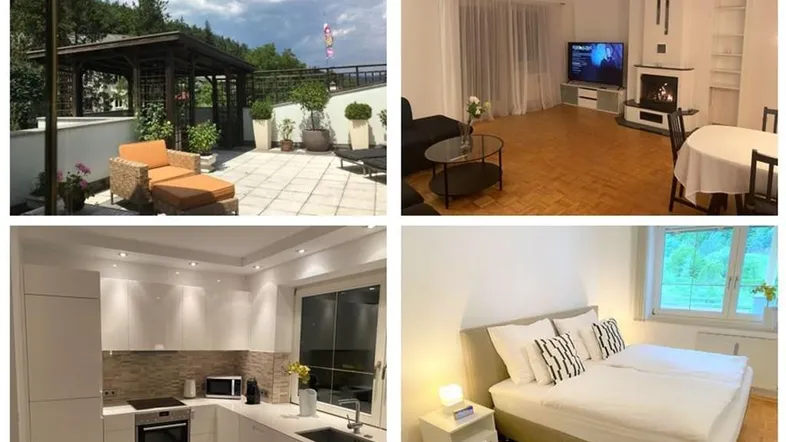 Vielseitige Ansichten der Immobilie, darunter Wohnbereich mit Kamin, moderne Küche und große Terrasse.