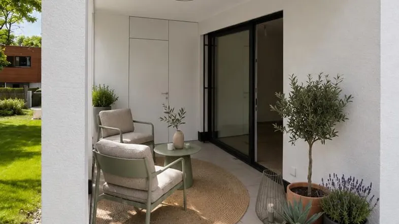 Möblierte überdachte Terrasse mit Sitzgelegenheiten und Pflanzen, ideal zum Entspannen im Freien.