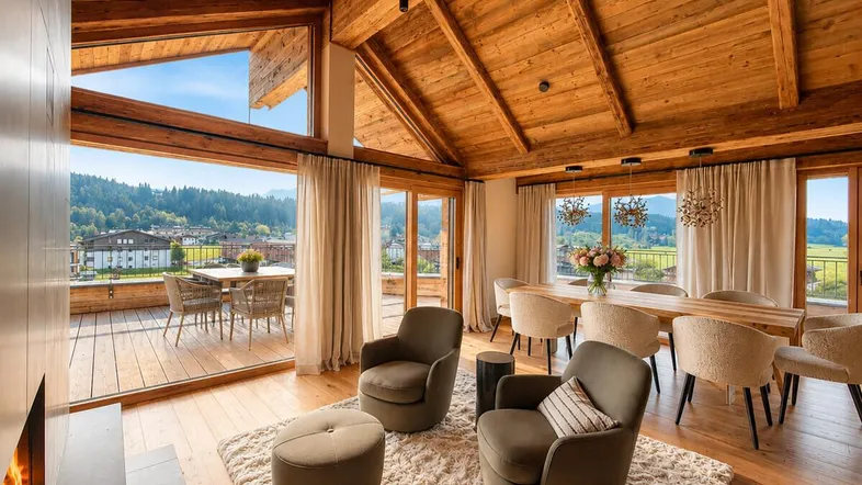 Großzügiger Wohn- und Essbereich mit Holzbalkendecke, Kamin und Zugang zur Terrasse mit Bergblick.