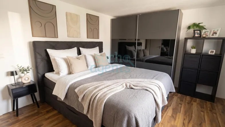 Modernes Schlafzimmer mit großem Bett, Schiebetürenschrank und Holzboden.