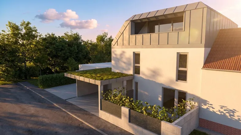Moderne Architektur mit weißer Fassade, Gründach-Carport und bepflanztem Bereich im Vordergrund.
