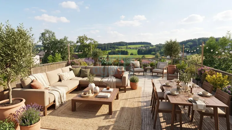 Große Dachterrasse mit bequemen Gartenmöbeln, Essbereich und weitem Blick ins Grüne.