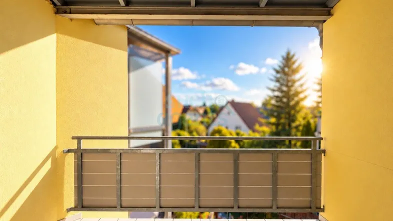 Sonnenbeschienener Balkon mit Fliesenboden und Blick auf die umliegende Nachbarschaft.