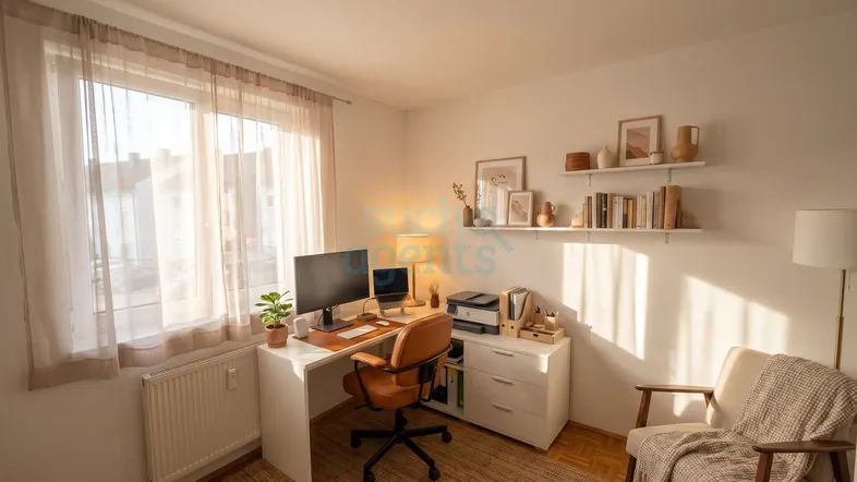 Helles Arbeitszimmer mit Schreibtisch, Bürostuhl und Regalen, ideal für Home-Office.