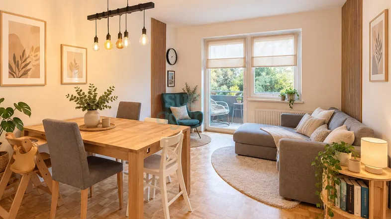 Helles Wohn- und Esszimmer mit Parkettboden, Balkonzugang und moderner Einrichtung.