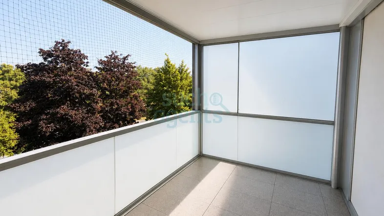 Heller Balkon mit Fliesenboden und Blick ins Grüne, geschützt durch ein Netz.