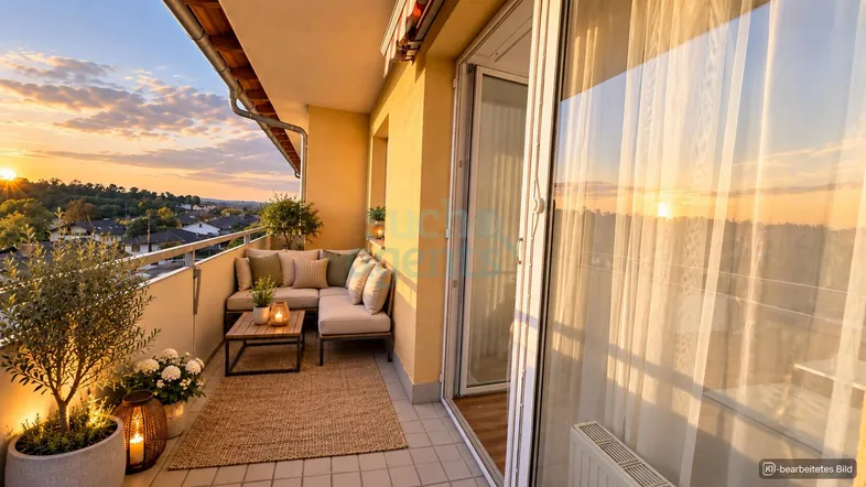 Helles Balkon mit gemütlichen Möbeln und Blick auf den Sonnenuntergang über der Stadt.