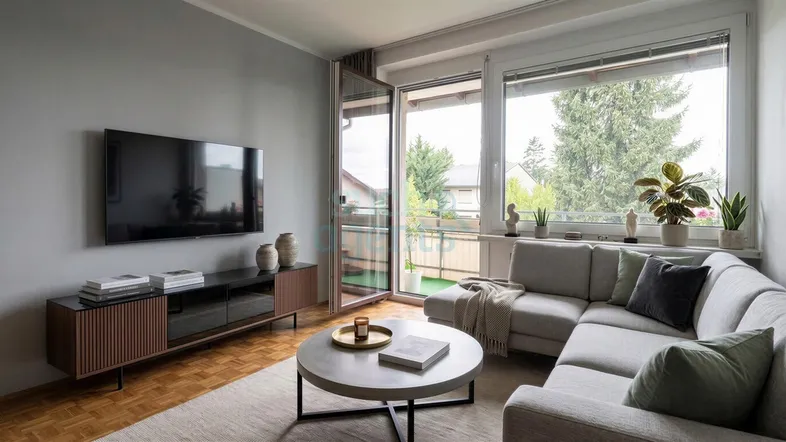 Helles Wohnzimmer mit modernem Sofa, TV-Möbel und Zugang zum Balkon mit grüner Aussicht.