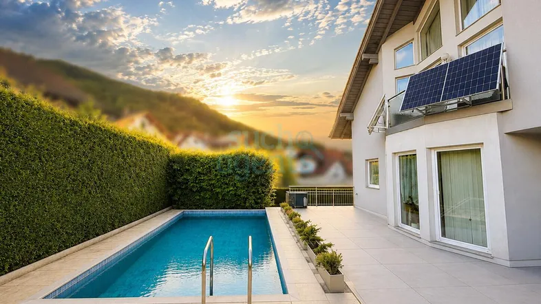 Moderne Villa mit privatem Pool, gepflegter Hecke und Solarpaneelen an der Fassade bei Sonnenuntergang.