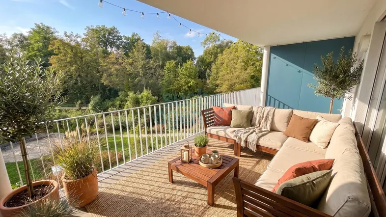 Geräumiger Balkon mit bequemen Outdoor-Möbeln, Pflanzen und einem schönen Blick ins Grüne.