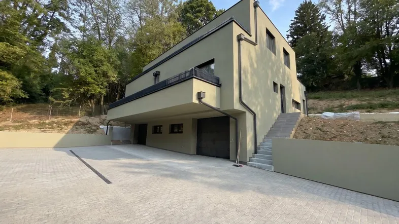 Moderne Architektur mit Flachdach, Garage und gepflasterter Auffahrt, umgeben von viel Grün.