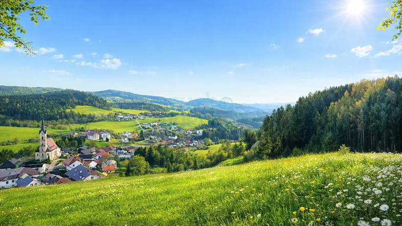 Panoramablick auf ein idyllisches Dorf in einem grünen Tal, umgeben von Wäldern und Wiesen unter strahlendem Sonnenschein.