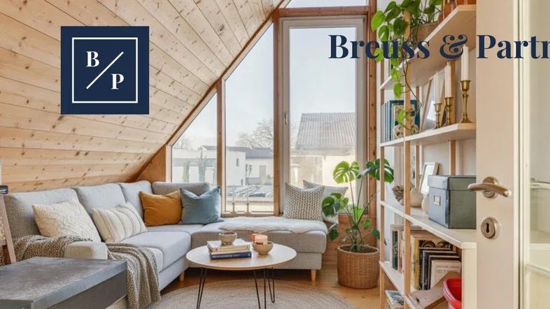 Gemütliches Wohnzimmer im Dachgeschoss mit Holzwänden, großen Fenstern und viel Tageslicht.
