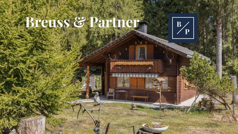 Charmantes Holzchalet umgeben von Bäumen und Grünflächen in ländlicher Umgebung.