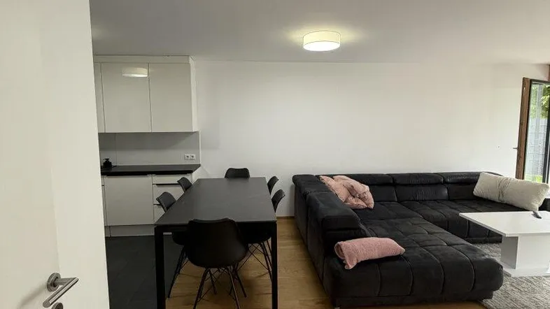 Offener Wohn-Essbereich mit moderner Küche, dunklem Sofa und hellem Holzfußboden.