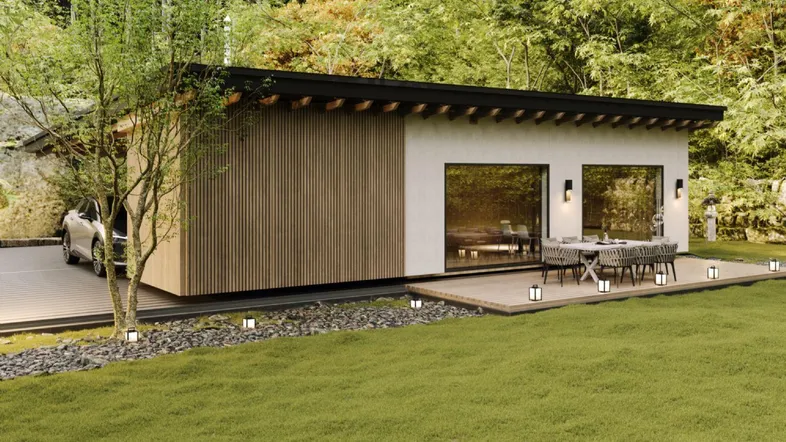 Moderne Architektur mit Holzfassade, großer Terrasse und Essbereich im Freien, umgeben von Natur.
