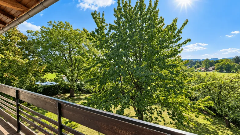 Sonniger Balkon mit Holzboden und Geländer, bietet einen weiten Blick ins Grüne und auf die Landschaft.