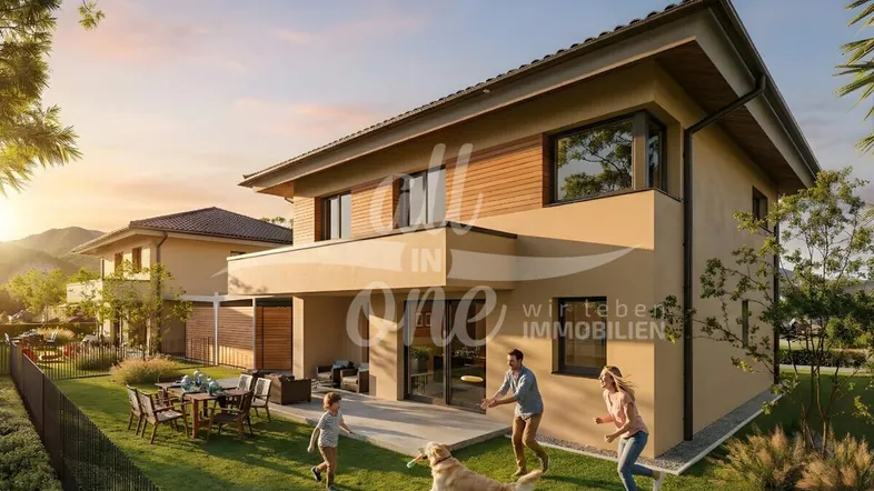 Modernes Einfamilienhaus mit großem, gepflegtem Garten und sonniger Terrasse für Familienaktivitäten.