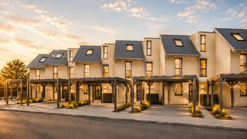 Moderne Reihenhäuser mit Carports und Satteldächern im warmen Licht des Sonnenuntergangs.