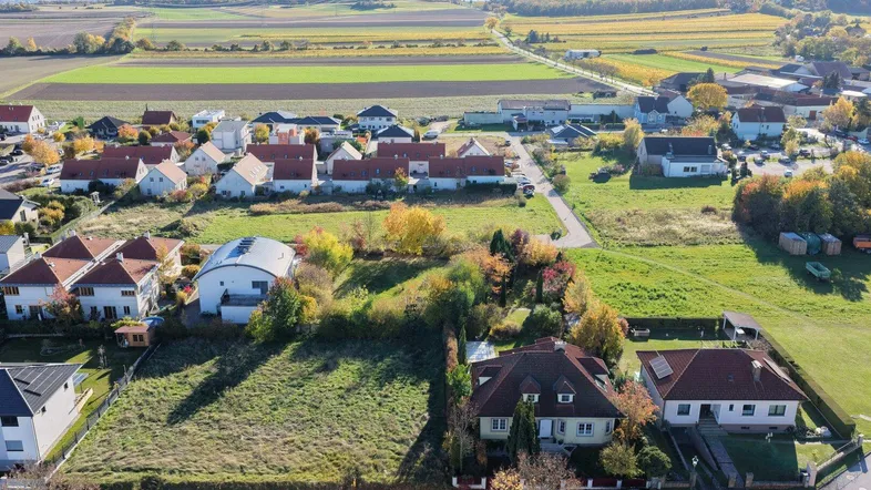 Luftaufnahme einer Wohnsiedlung mit Einfamilienhäusern, umgeben von grünen Feldern und Weinbergen.