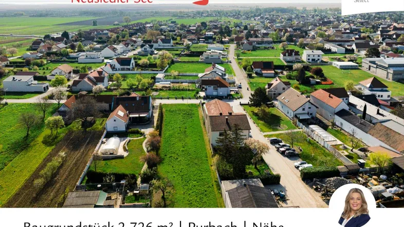 Luftaufnahme eines Baugrundstücks in Purbach mit Blick auf den Neusiedler See und die umliegende Landschaft.