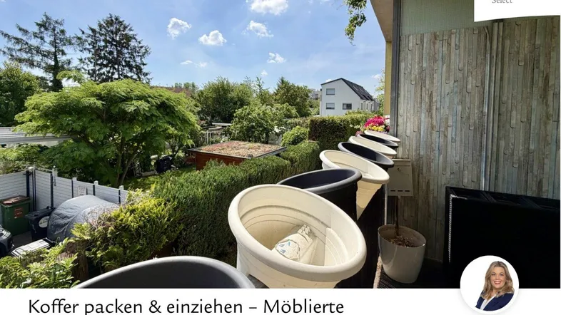 Helle Loggia mit Blick ins Grüne und Topfpflanzen, ideal zum Entspannen im Freien.