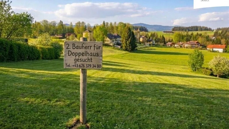 Grüne Landschaft mit einem Schild, das auf ein gesuchtes Bauvorhaben für ein Doppelhaus hinweist.