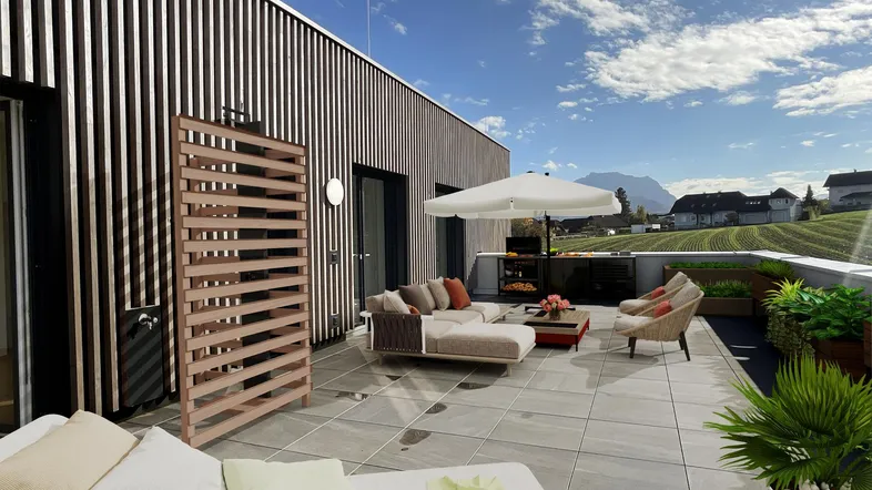 Geräumige Dachterrasse mit modernen Gartenmöbeln, Grillbereich und weitem Blick auf die Landschaft und Berge.
