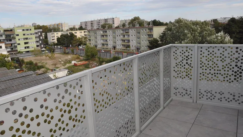 Große Terrasse mit modernem Lochblechgeländer und Blick auf die umliegende Stadtbebauung.